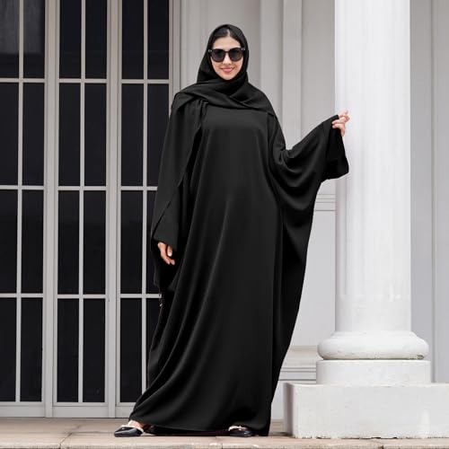 IDOPIP Abayas for Women Muslim Dress with Hijab, One-Piece Long Sleeve Islamic Prayer Dress with Khimar Jilbab Kaftan Clothes - color: Black + Hijab