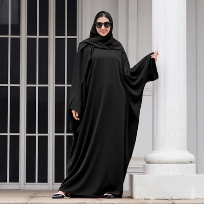 IDOPIP Abayas for Women Muslim Dress with Hijab, One-Piece Long Sleeve Islamic Prayer Dress with Khimar Jilbab Kaftan Clothes - color: Black + Hijab