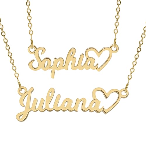 PicturesOnGold.com Custom Name Necklace For Women Personalized Name Necklace in Sterling Silver or Gold Necklace Personalized with any Name or Word - color: Two Different Names - Gold Heart Necklace