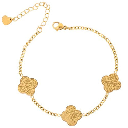 Ramadan Muslim Gift Allah Elegant 18 K Gold Plated Clover Bracelet for Women Shukr-Tawakkul-Sabr Islamic Jewelry - color: 18K Gold