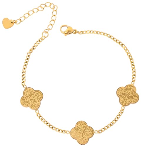 Ramadan Muslim Gift Allah Elegant 18 K Gold Plated Clover Bracelet for Women Shukr-Tawakkul-Sabr Islamic Jewelry - color: 18K Gold