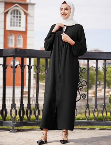 AWIBMK Women Abaya Dubai Stand Collar Zip Up Prayer Dress with Pockets Muslim Arabian Robe Modest Islamic Clothing - color: Black, size: Large