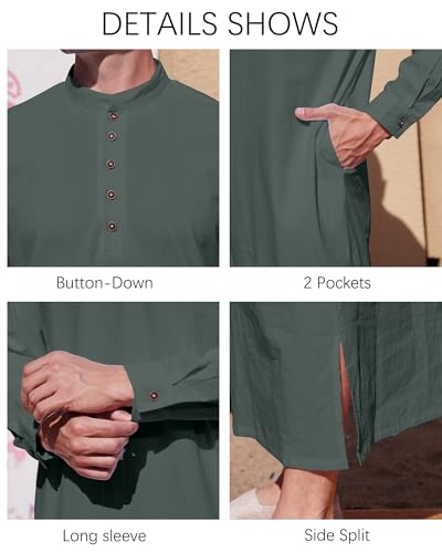 YAOHUOLE Muslim Thobe for Men Button down Mens Caftans Big and Tall Mens Arab Thobe with Pocket - color: Dark Gray, size: X-Large