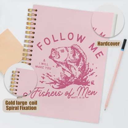 WUCHJ Pink Retro Fish Christian Notebook, Matthew 4:19 Bible Verse Journal, Religious Scripture Spiral Notebook Journal for Note Taking, Christian Faith Based Gifts for Women Men, 5.5x8.3 Inch - color: pink fish follow me