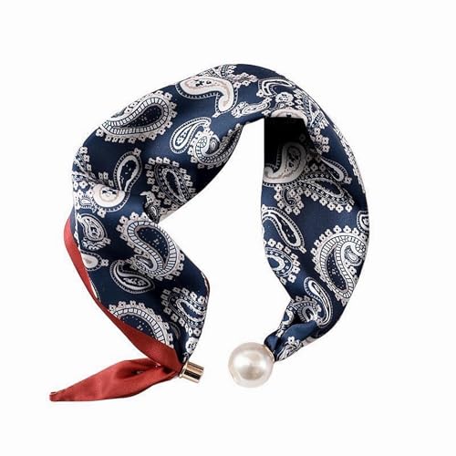 MIUPOO Magnetic Pearl Scarf,Satin Scarves for Women,Classic Printing Scarf,Elegant Neck Tie,Hair Bandanas Scarves,1 Piece. (1, indigo) - color: indigo
