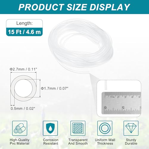 uxcell Clear PVC Tubing, 1.7mm ID x 2.7mm OD - 15ft PVC Tube Lightweight Vinyl Hose, Transparent Flexible Plastic Water Tubing for Air Oil Water Transfer Aquarium Irrigation - size: 1.7mm ID x 2.7mm OD