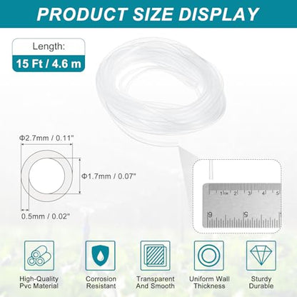 uxcell Clear PVC Tubing, 1.7mm ID x 2.7mm OD - 15ft PVC Tube Lightweight Vinyl Hose, Transparent Flexible Plastic Water Tubing for Air Oil Water Transfer Aquarium Irrigation - size: 1.7mm ID x 2.7mm OD
