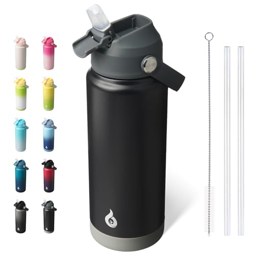 BJPKPK 24oz Insulated Water Bottle, Stainless Steel Bottle with Straw Lid - color: Black, size: 24 Ounces