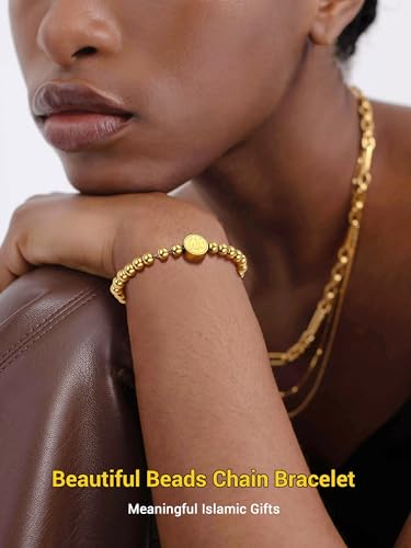 PROSTEEL Allah Bracelet, Muslim Islamic Jewelry Religious Islam Arabic God Charm Stainless Steel Beads Chain Bracelet, fits wrist from 5.9'' to 7.9'', Come with Box - color: 04 gold-beads chain