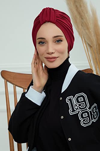Aisha's Design Instant Turban Plain Cotton Scarf Head Wrap Lightweight Hat Bonnet Cap for Women - color: Maroon
