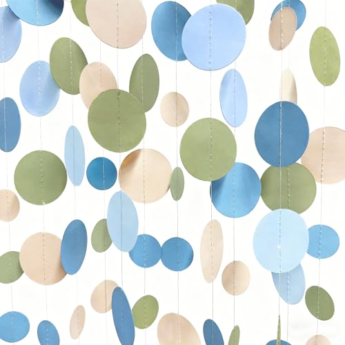 Dusty Blue and Sage Green Beige Polka Dot Garland Olive Green Dusty Blue Cream Nude Hanging Paper Circle Dots Streamer for Birthday Wedding Shower Silly Goose Theme Party Decorations Supplies - color: Blue Green Beige