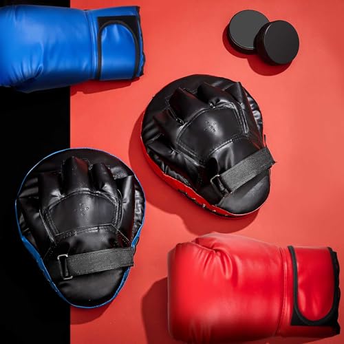 Foilswirl 4-in-1 2 Pairs Boxing Gloves and Punching Mitts Set for Kids, Boxing Gloves Pads Equipment Set for Training, Kickboxing, MMA, Karate, Muay Thai, Taekwondo, Martial Arts - color: Red and Blue