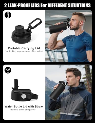 Tactical Water Bottle with Straw, 32 Oz Insulated Water Jug with Molle Water Bottle Holder, Stainless Steel Sport Bottle with 2 BPA Free Lids for Gym Workout Hiking (32oz-Black) - color: 32oz-Black