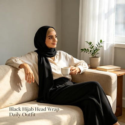 Hijab Scarf for Women, 3PCS Set with Undercap and Hijab Clip Lightweight Modal Muslim Head Wrap Scarf for Daily - color: Sy3-black Hijab+khika Undercap