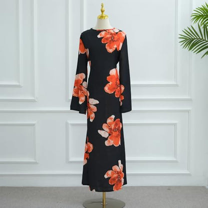 FYMNSI Womens Muslim Dresses Bell Sleeve Floral Butterfly Abaya Modest Dubai Kaftan Islamic Dress Eid Ramadan Prayer Clothes - color: Black, size: Large