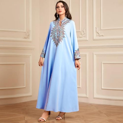 OBEEII Abayas for Women Muslim Applique Embroidery Long Sleeve Maxi Dress Loose Full Cover Islamic Dubai Robe Kaftan Abayas - color: Sky Blue, size: X-Large