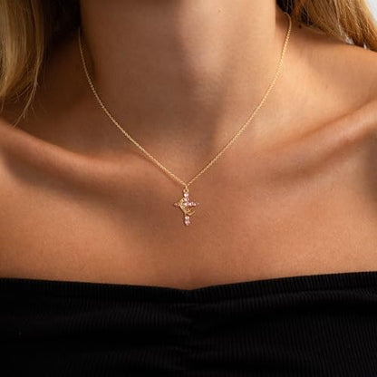 Robaice Upgraded Crown Cross Necklace for Women, 14K Gold Plated - color: M10 Tourmaline Pink, Oct
