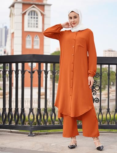 ODIZLI Women's Muslim 2 Pieces Sets Long Sleeve Button Down Shirt and Pants Abaya Casual Dress Dubai Outfits - color: Orange, size: 4X-Large