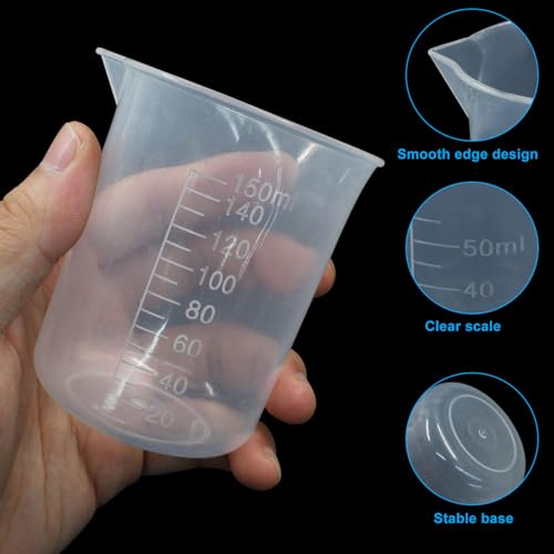 Waziaqoc 4 Pack Plastic Graduated Beaker, 50ml/100ml/150ml/300ml | Transparent PP, Measuring Cup, Mixing Cup, Kitchen Lab
