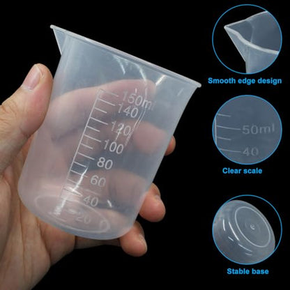 Waziaqoc 4 Pack Plastic Graduated Beaker, 50ml/100ml/150ml/300ml | Transparent PP, Measuring Cup, Mixing Cup, Kitchen Lab