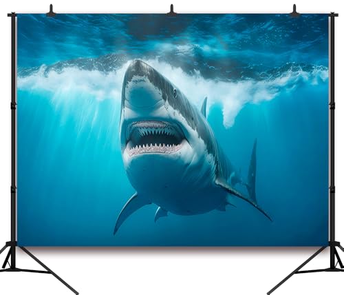 7x5 FT Shark Backdrop Shark Party Decorations Under The Sea Shark Underwater Aquarium Blue Sea Waves Great White Shark Background Shark Birthday Party Decorations Studio Props
