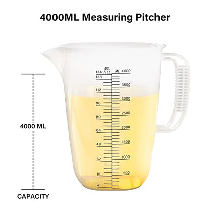 Luvan 1 Gallon Measuring Pitcher, Large Measuring Cup with Spout and Handle, 134oz Plastic measuring pitcher with Conversion Chart, 1 Gallon Measuring Container for Motor Oil, Chemicals, Pools, Lawns - color: 134Oz/4L/010