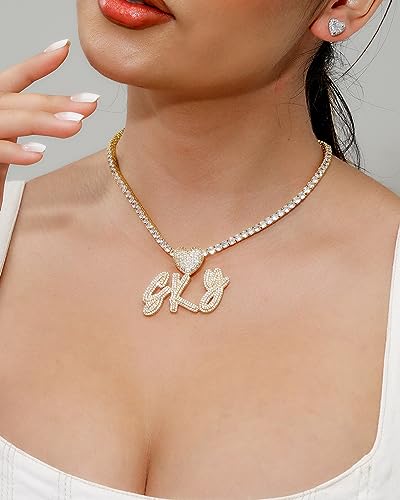 Lulu Mel Iced Out Personalized Cursive Name Necklace For Trendy Women, Custom Handmade Nameplate Pendant With Cuban Link Chain, White Gold Plated Hip Hop CZ Diamond Jewelry Gifts - color: Gold/Heart Hook