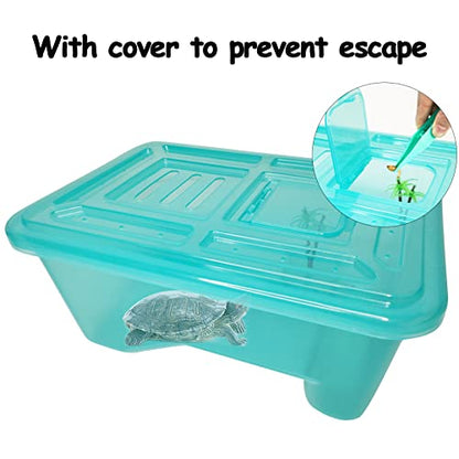 Fhiny Turtle Tank with Lid, Plastic Reptile Terrarium Turtle Breeding Box with Basking Platform Tortoise Aquarium for Crayfish Hermit Crabs Geckos Lizards Habitat Prevent Escaping (Medium)