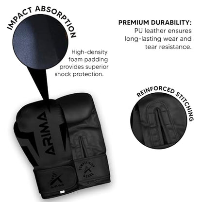 Boxing Gloves - Premium PU Leather, Heavyweight - Ideal for Boxing, Kickboxing, Muay Thai & Fitness Training - color: Matt Black, size: 14 oz.