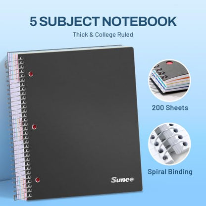 SUNEE 5 Subject Notebook College Ruled - 400 Pages, 9"x11", 5 Pocket Colored Dividers, 3-Hole Punched Paper, Black - color: Black, style: College Ruled