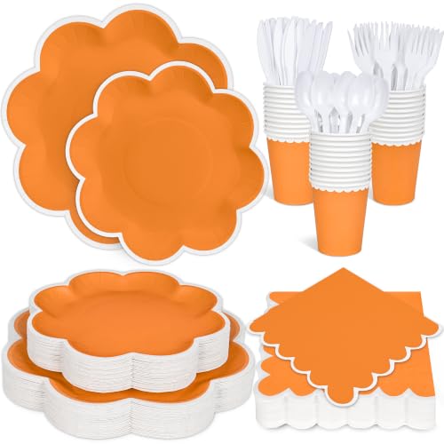 350 Pcs Fall Orange and White Paper Plates and Napkins Set, Serve 50 Guests - color: Orange with White Edge