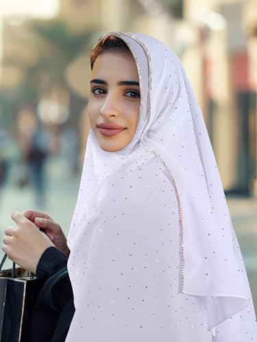 Geyoga Hijab Scarf for Women Soft Chiffon Rhinestone Long Scarf Shawl Fashion Muslim Hijab Head Wrap Scarves - color: White