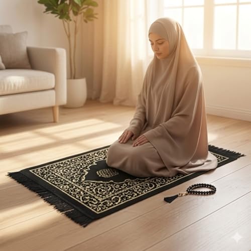 Black Portable Prayer Mat with Gift Box & Tasbih - Prien Turkish Islamic Prayer Rug for Men & Women - Travel Janamaz for Office & Commute - Washable & Foldable Mubarak Design - color: Black