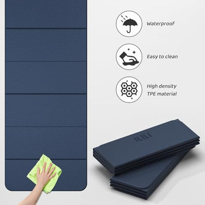 ILILI Foldable Yoga Mat 71 * 24 * 0.3 Inch | Lightweight TPE Non Slip Exercise Mat, Waterproof Portable Fitness Mat for Home Gym, Pilates, Stretching & Daily Workouts - color: Dark Blue