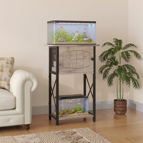 HOOBRO 10 Gallon Aquarium Stand, Fish Tank Stand with Cabinet Storage, Reptile Turtle Tank Stand with Metal Frame, 20.5" L x 11" W , 220 LBS Capacity, Greige BG28FT01 - color: Greige + Black
