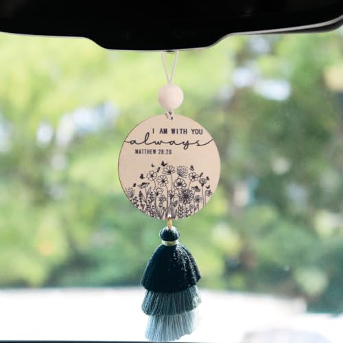 Christian Car Charm Gifts for Women Men, I am with You Always Rear View Mirror Hanger with Tassel Religious Car Hanging Ornament Accessories(Black) - color: Black