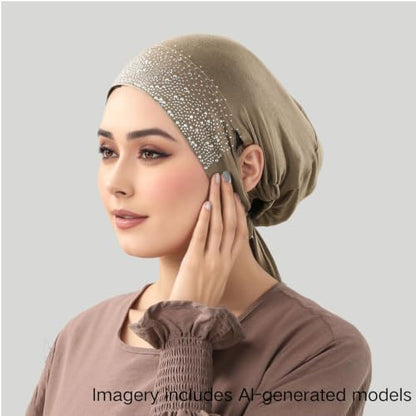 Muslim Hijab Undercap Rhinestone Embellished Turban Head Wrap for Women Jersey Inner Cap with Ear Holes - color: Coffee