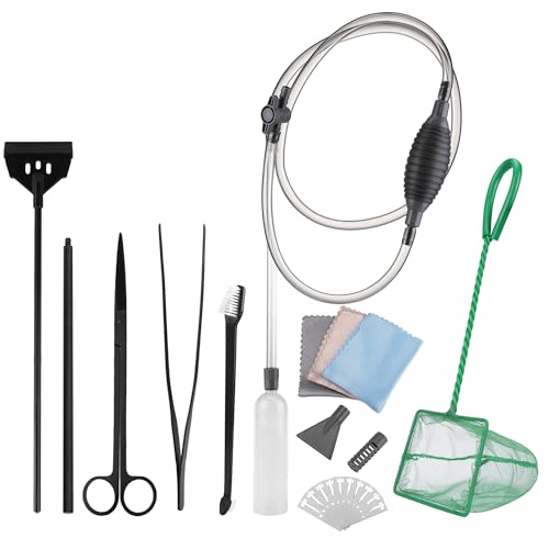 7pcs Aquarium Cleaning Kit Fish Tank Cleaning Tools Set | Professional Fishtank Cleaner Including Algae Scraper Brush Tweezer Gravel Vacuum Fish Net Duster for Dirt Water Change