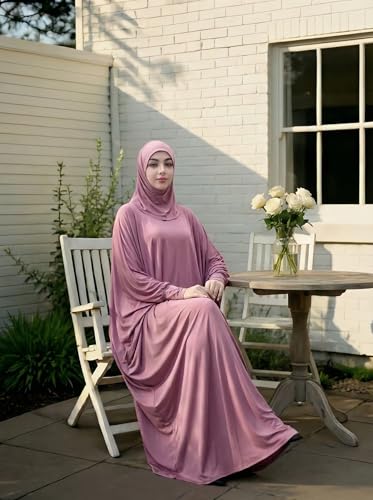 Women's Solid Muslim One-Piece Prayer Dress Abaya Kaftan with Hijab Full Length Dress - color: Light Purple