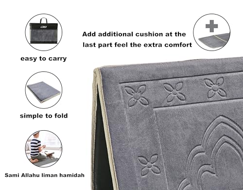 Prayer Rug with Back Support, Foldable Meditation Floor Chair (Gray) | Carrying Pocket, Thick Padded Islam Janamaz for Women and Men, Soft Foldable Travel Islamic Sajadah Carpet - color: Grey