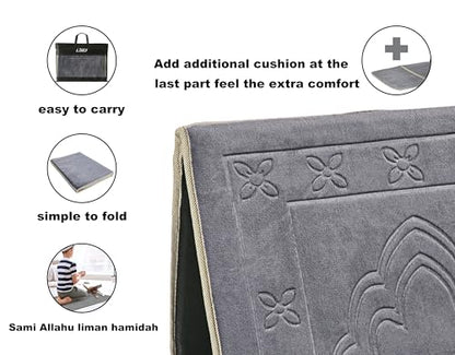 Prayer Rug with Back Support, Foldable Meditation Floor Chair (Gray) | Carrying Pocket, Thick Padded Islam Janamaz for Women and Men, Soft Foldable Travel Islamic Sajadah Carpet - color: Grey