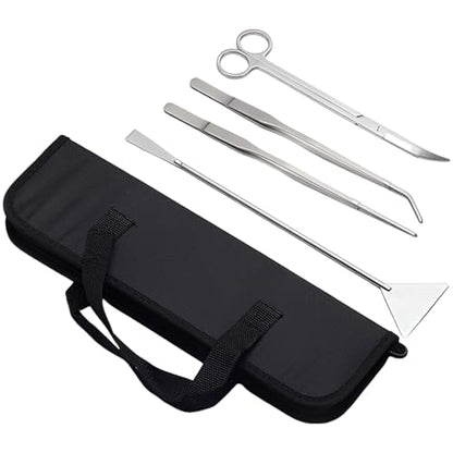 4 Pcs Aquarium Tools, Stainless Steel, for Aquatic Plants and Fish Tank, Includes Tweezers, Scissors, Spatula, Canvas Bag