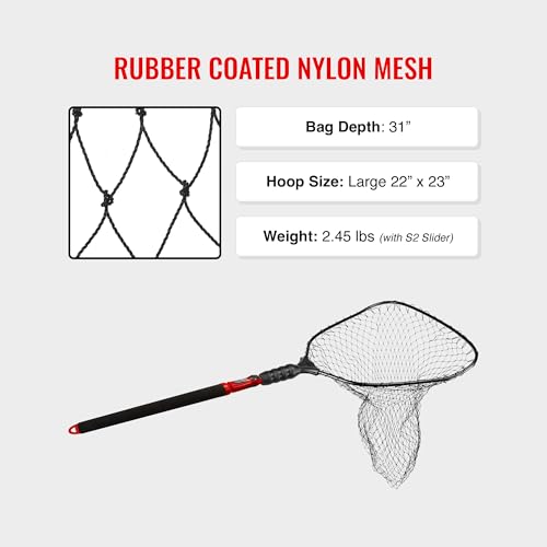 EGO S2 Slider Fishing Net Handle | Adjustable Extension Handle, Minimal Water Drag Design, Ergonomic Foam Grip for Landing Nets - size: 29" to 60" Handle, 22” x 23” Hoop, style: Rubber Coated Nylon Mesh