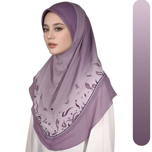 Ready To Wear Instant Hijab For Women Chiffon Hijabs Islamic Abaya Turban Muslim Slip-On Khimar Floral Hijab Scarf - color: 7# Mauve Purple