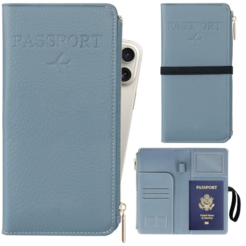 TIGARI Rfid Passport Wallet for Women, Travel Wallet Passport Holder for Travel, Leather Zipper Pocket Card Slots Purses, Travel Document Organizer Waterproof Travel Accessories (Blue) - color: Light blue