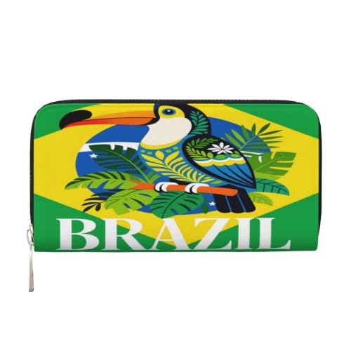 Brazil Toucan Green Background PU Leather Long Wallet for Women Men, Zipper Clutch Wallet RFID Card Holder Organizer - color: Brazil Toucan Green Background