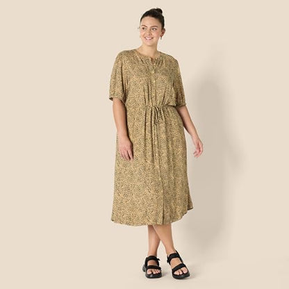 Amazon Essentials Women's Relaxed Fit Half-Sleeve Breathable Button Front Drawstring Waist Midi A-Line Dress with Pockets - color: Camel/Black - Mini Ikat Animal, size: Small
