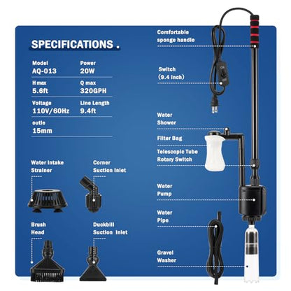 AQQA Electric Aquarium Vacuum Gravel Cleaner, 6 in 1 Fish Tank Vacuum | Automatic Cleaning Tools Kit Water Changer, Multifunction Wash Sand Filter Water Circulation 20W 320GPH 110V