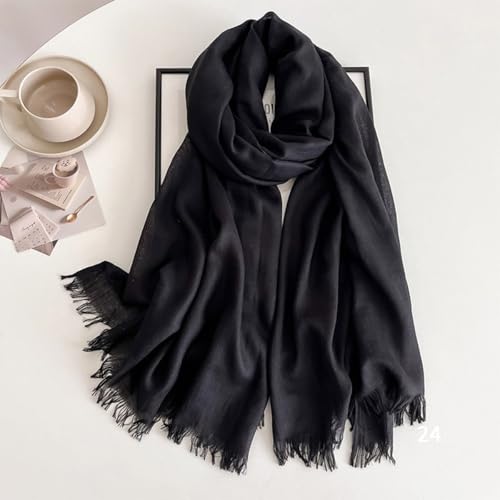 Solid color cotton and linen scarf, wrinkled all season versatile long sunscreen fashionable shawl - color: Black