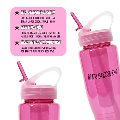 Ninja Kidz Official Kids Water Bottle with Straw, Reusable Water Bottle with Handle, Leak-Resistant, Insulated, Durable, Great for Sports, Official Merch, 0.5 liters, Pink - color: Pink